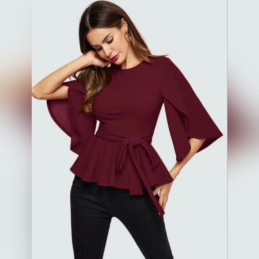 Shein burgundy womens shirt with split sleeves